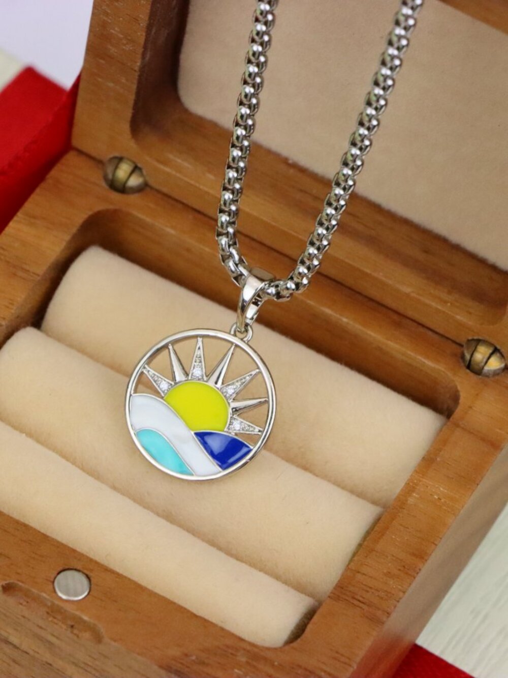 Round Silver Pendant with Colorful Sun and Wave Enamel Design, XPPT1867 - Picture 2 of 11
